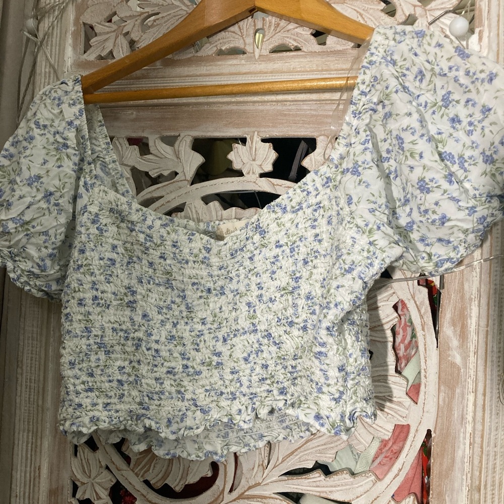Altar'd State Blue and White Ruffled Puff Sleeve Crop Top
